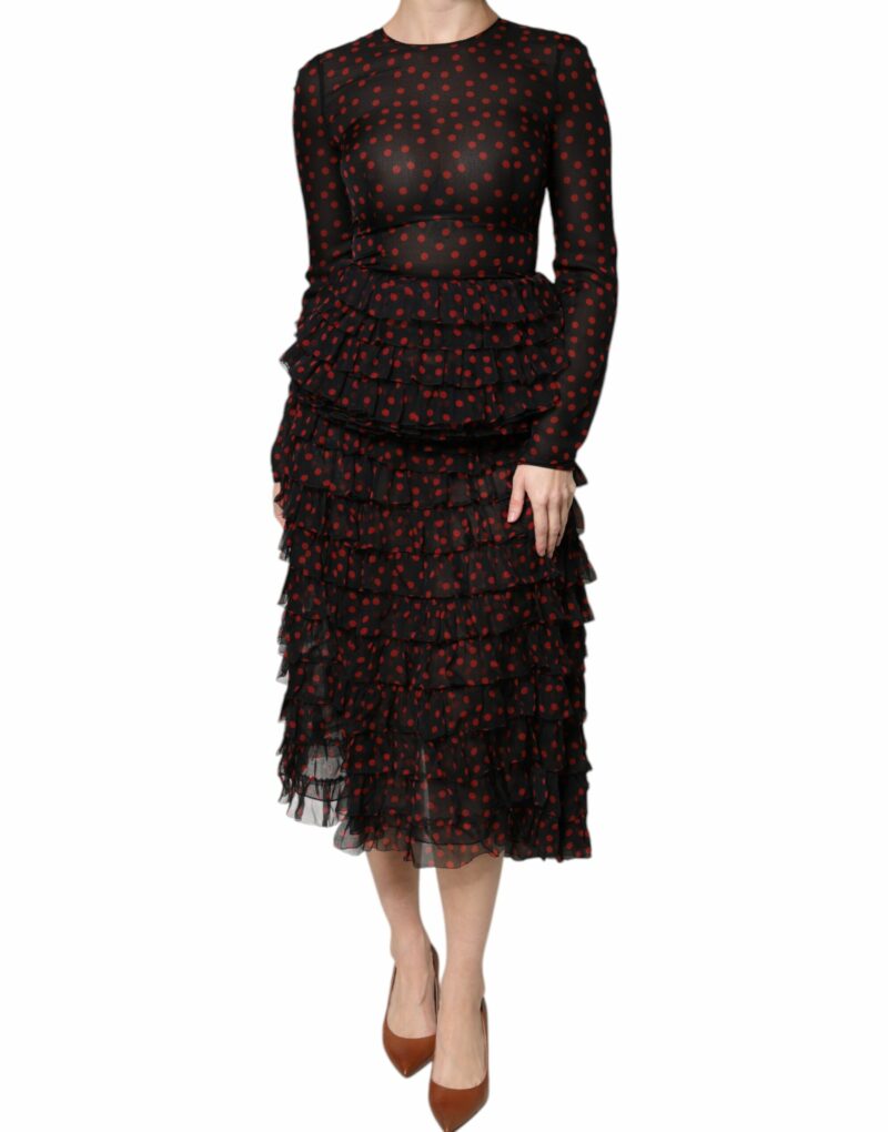 Dolce & Gabbana Black Red Polka Dot Silk Layered Midi Dress - Image 2