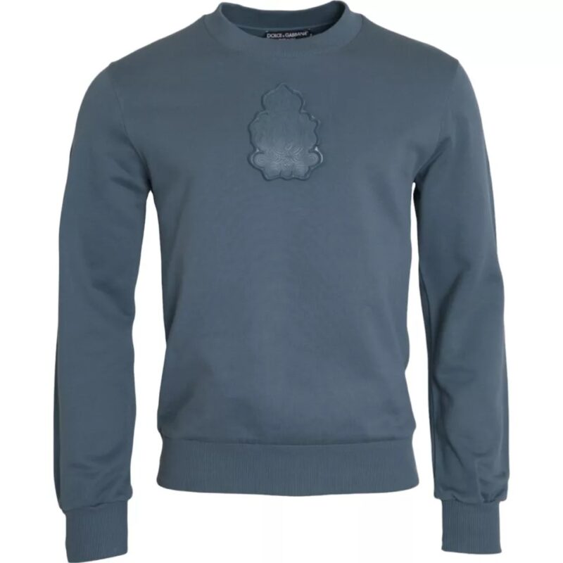 Dolce & Gabbana Blue Cotton Logo Patch Crew Neck Men Pullover Sweater - Image 2