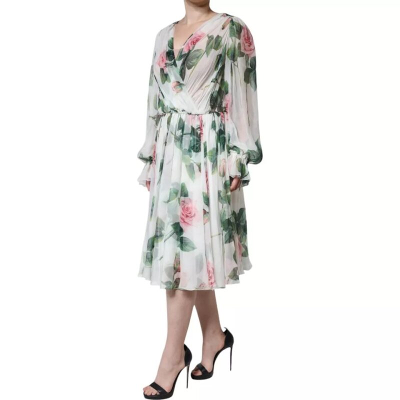 Dolce & Gabbana White Silk Floral Print A-line Midi Dress - Image 3