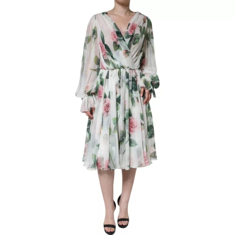 Dolce & Gabbana White Silk Floral Print A-line Midi Dress - Image 4