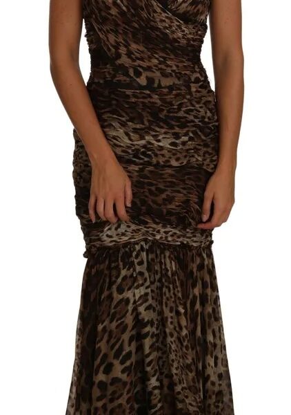 Dolce & Gabbana Brown Leopard Silk Chiffon Ruched Mermaid Maxi Dress
