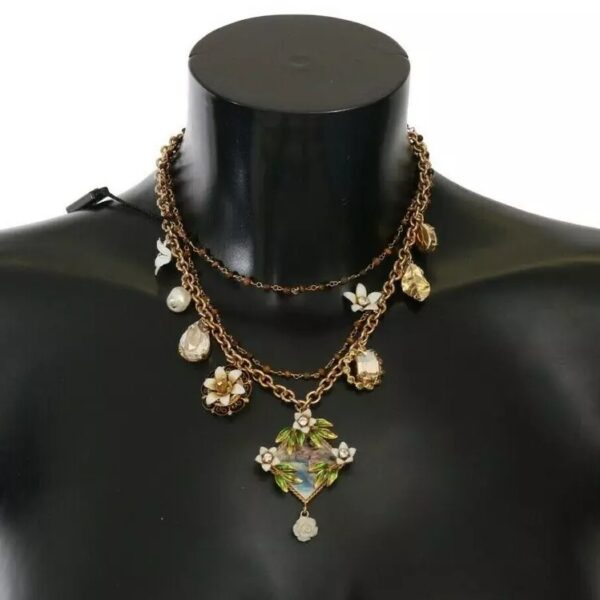 Dolce & Gabbana Gold Brass Crystal Floral Statement Charms Necklace