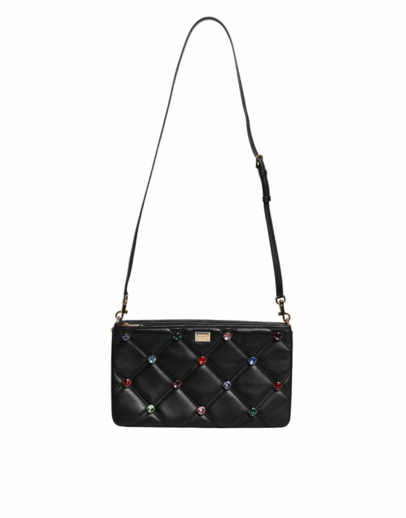 Dolce & Gabbana Black Leather Crystal Embellished Logo Shoulder Bag - Image 2