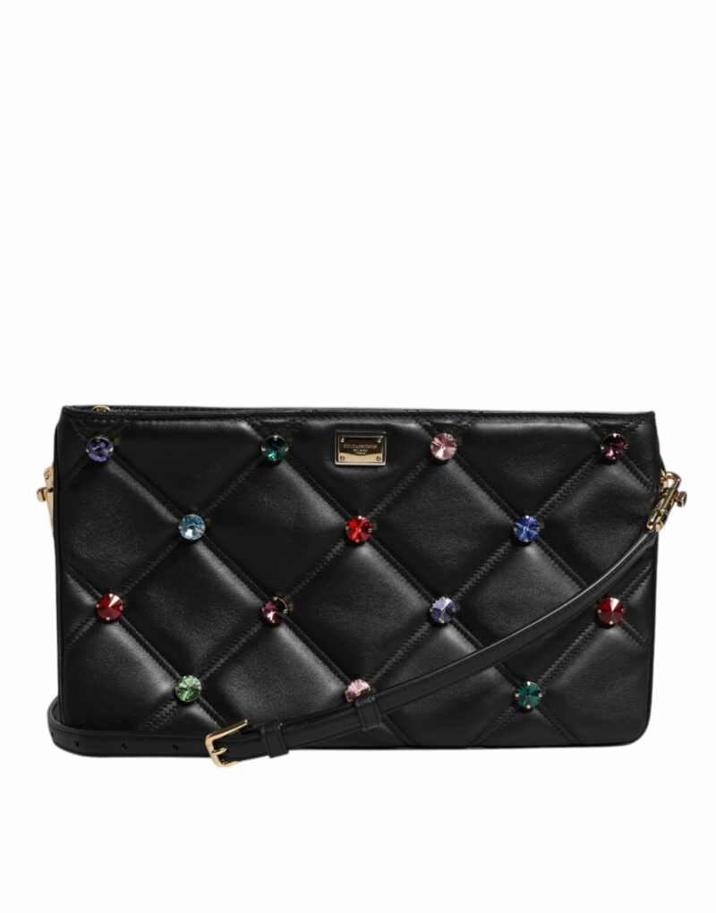 Dolce & Gabbana Black Leather Crystal Embellished Logo Shoulder Bag - Image 3