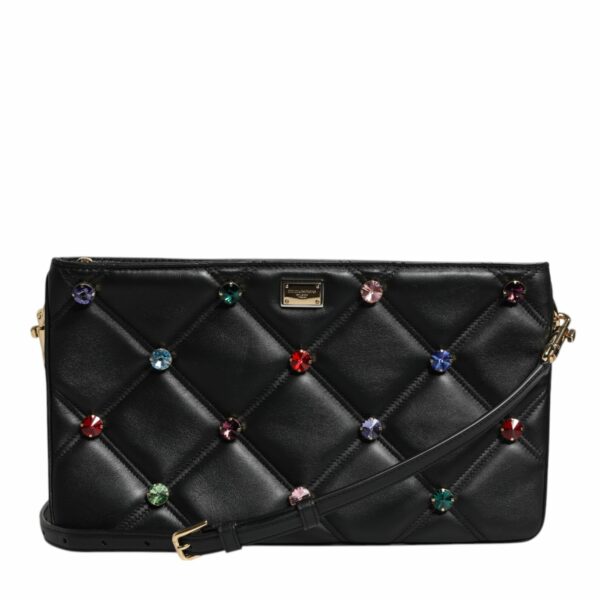 Dolce & Gabbana Black Leather Crystal Embellished Logo Shoulder Bag