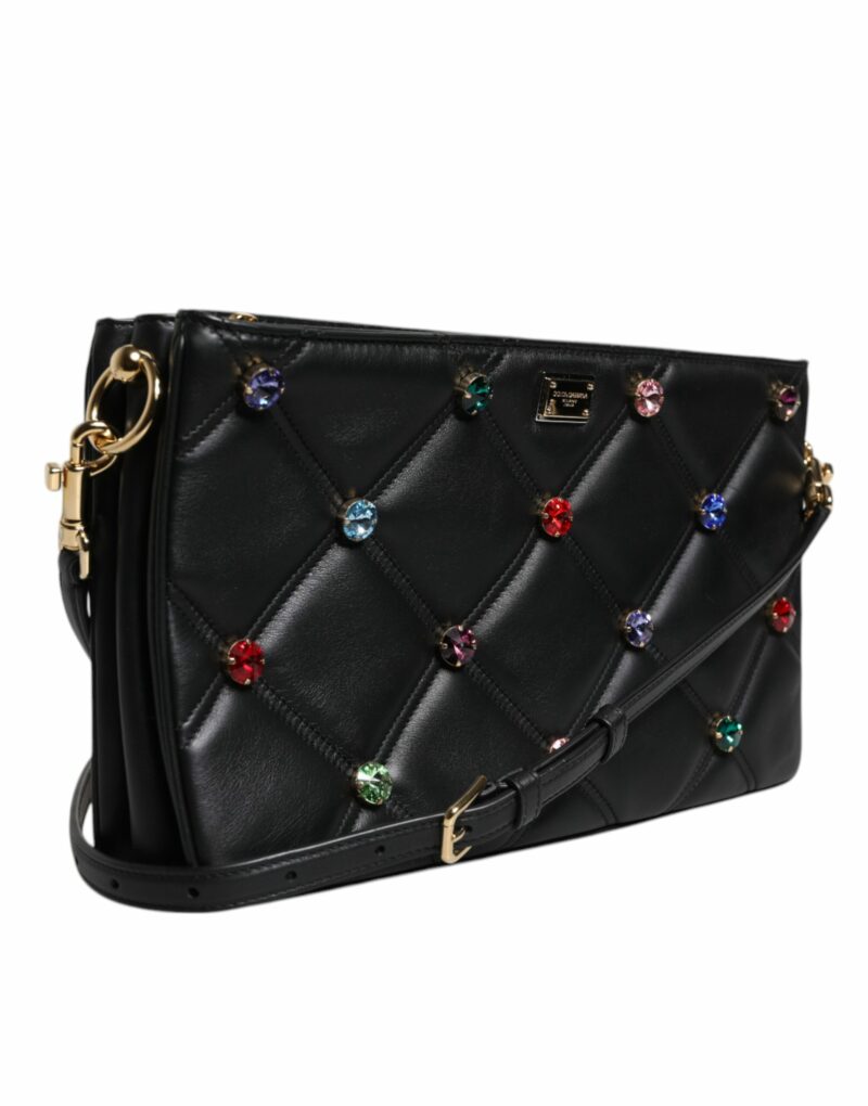 Dolce & Gabbana Black Leather Crystal Embellished Logo Shoulder Bag - Image 4