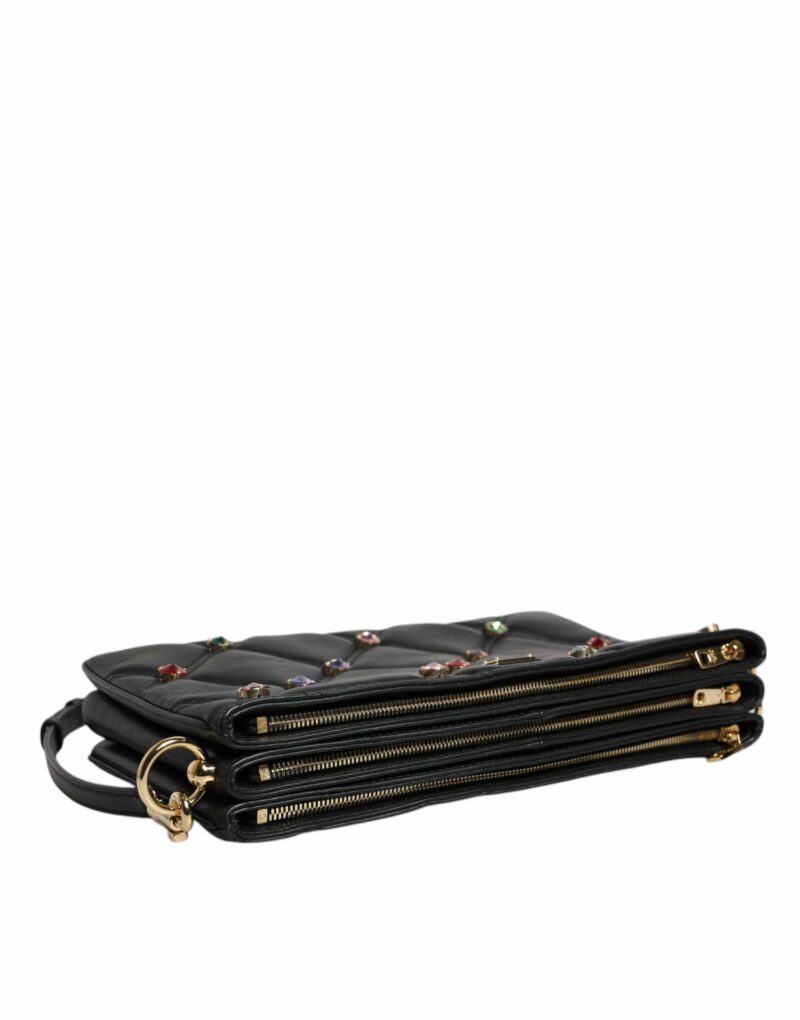 Dolce & Gabbana Black Leather Crystal Embellished Logo Shoulder Bag - Image 6