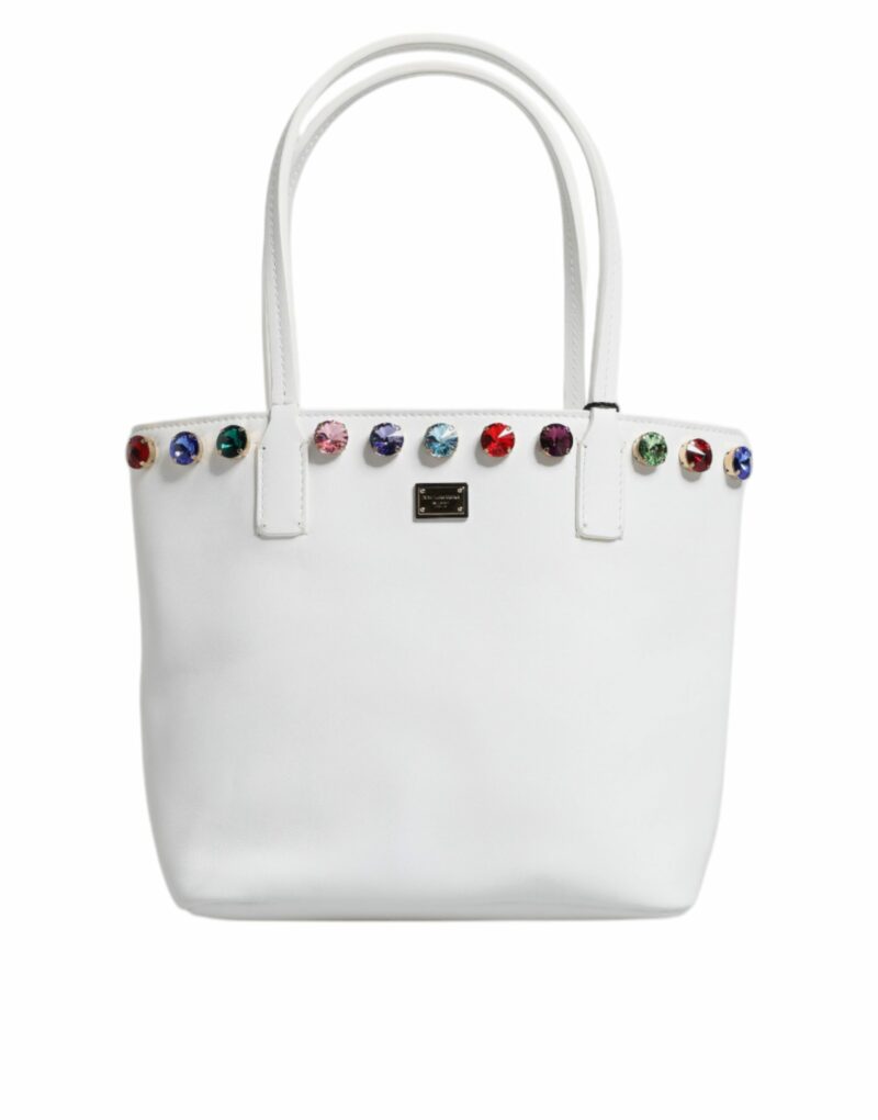 Dolce & Gabbana White Leather Crystal DG Logo Shoulder Tote Bag - Image 2