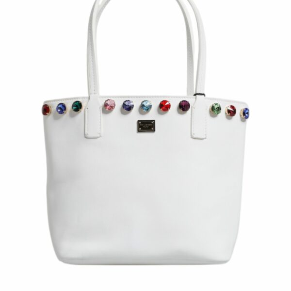 Dolce & Gabbana White Leather Crystal DG Logo Shoulder Tote Bag