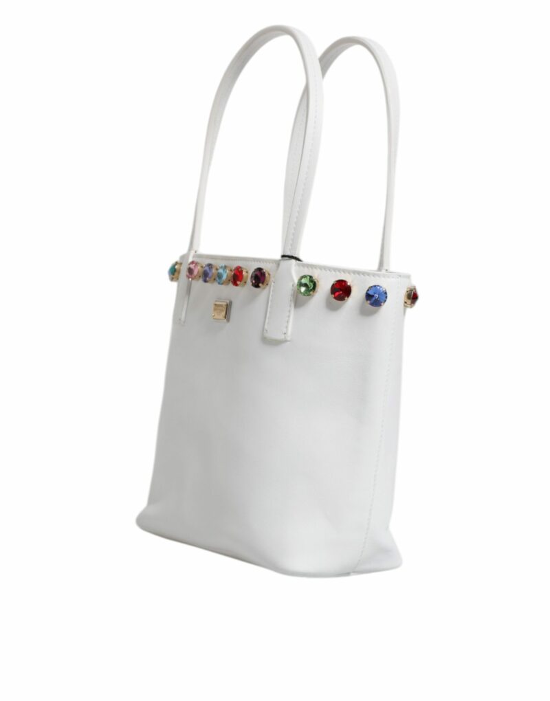 Dolce & Gabbana White Leather Crystal DG Logo Shoulder Tote Bag - Image 3