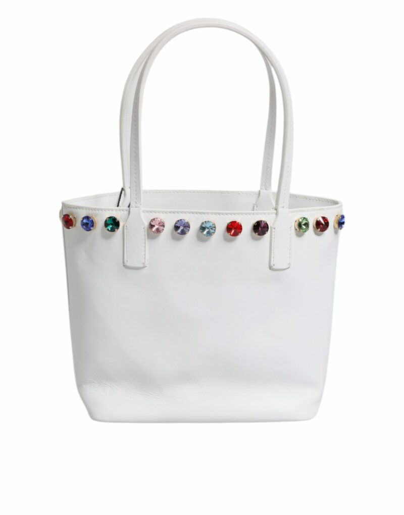 Dolce & Gabbana White Leather Crystal DG Logo Shoulder Tote Bag - Image 4