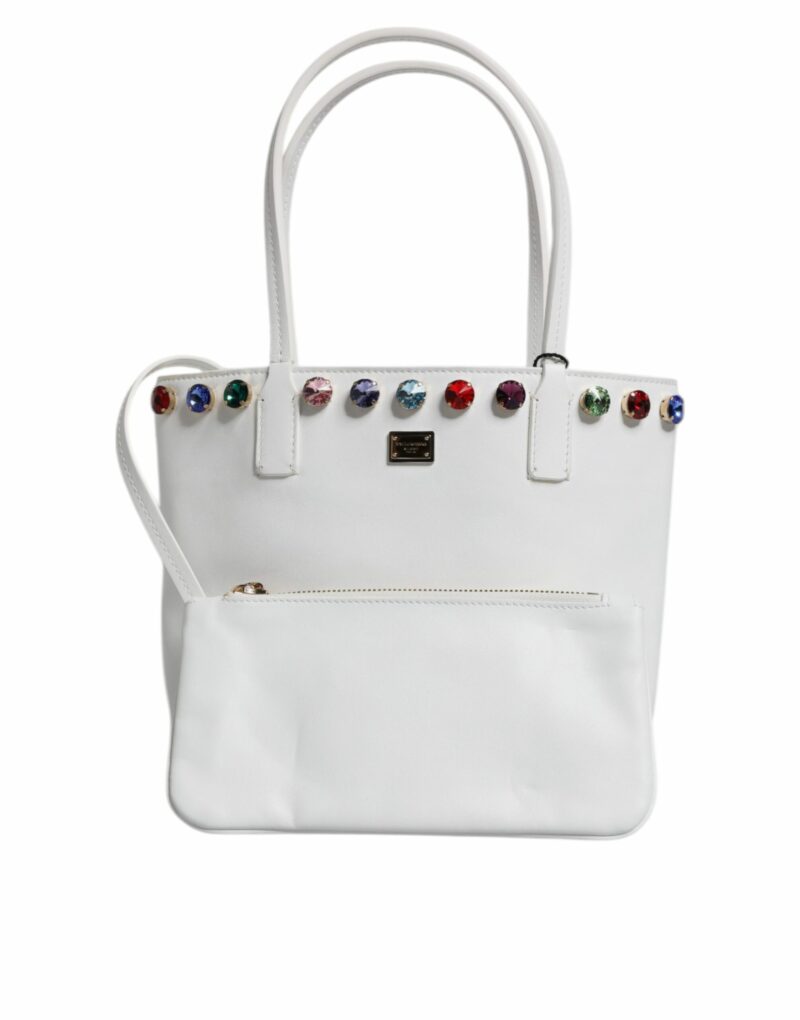 Dolce & Gabbana White Leather Crystal DG Logo Shoulder Tote Bag - Image 6