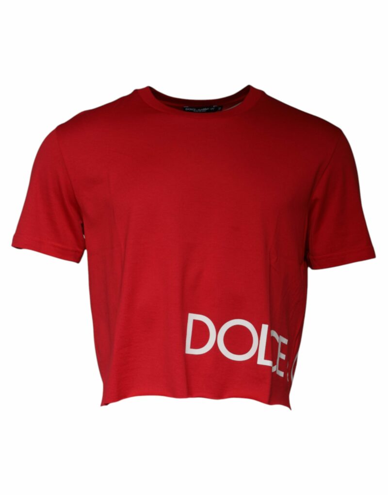 Dolce & Gabbana Red Logo Print Cropped Crew Neck T-shirt - Image 2