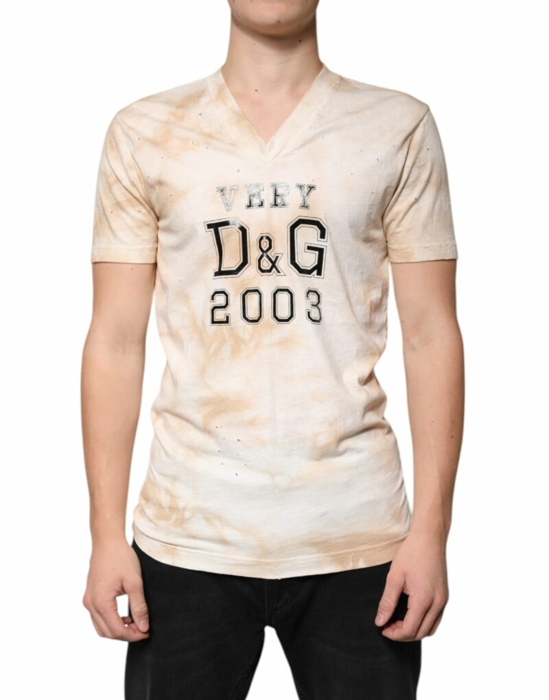 Dolce & Gabbana Beige Graphic Print Cotton V-neck T-shirt - Image 2