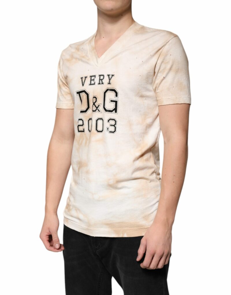 Dolce & Gabbana Beige Graphic Print Cotton V-neck T-shirt - Image 3