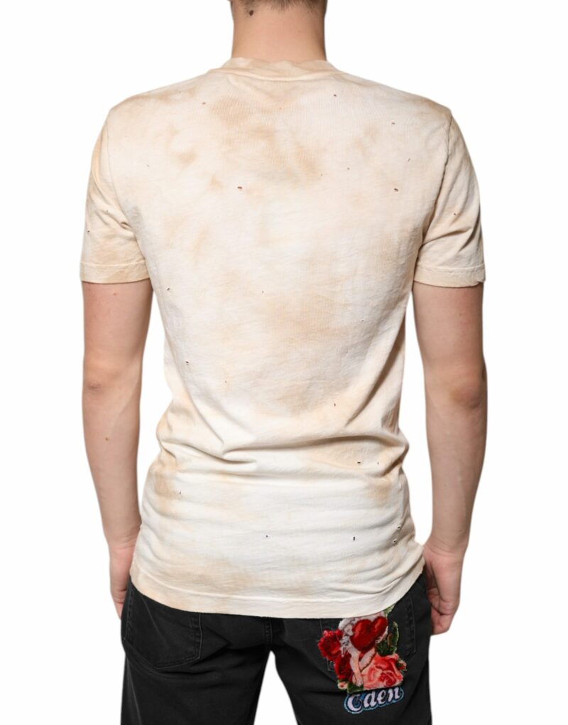 Dolce & Gabbana Beige Graphic Print Cotton V-neck T-shirt - Image 4