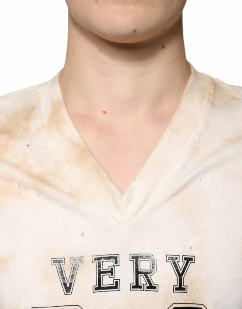 Dolce & Gabbana Beige Graphic Print Cotton V-neck T-shirt - Image 5