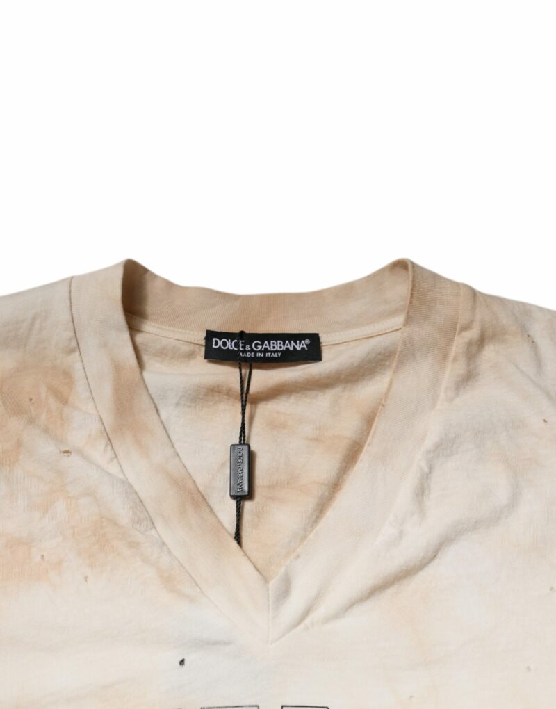 Dolce & Gabbana Beige Graphic Print Cotton V-neck T-shirt - Image 7