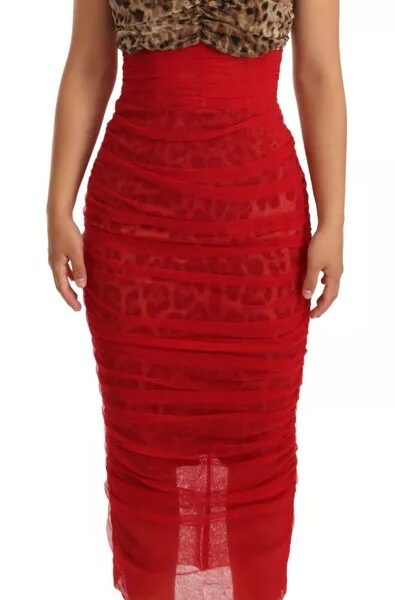 Dolce & Gabbana Brown Leopard Red Tulle Sheath Midi Dress