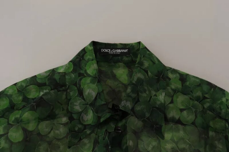 Dolce & Gabbana Green Clover Print Long Sleeves Collared Top Blouse - Image 3