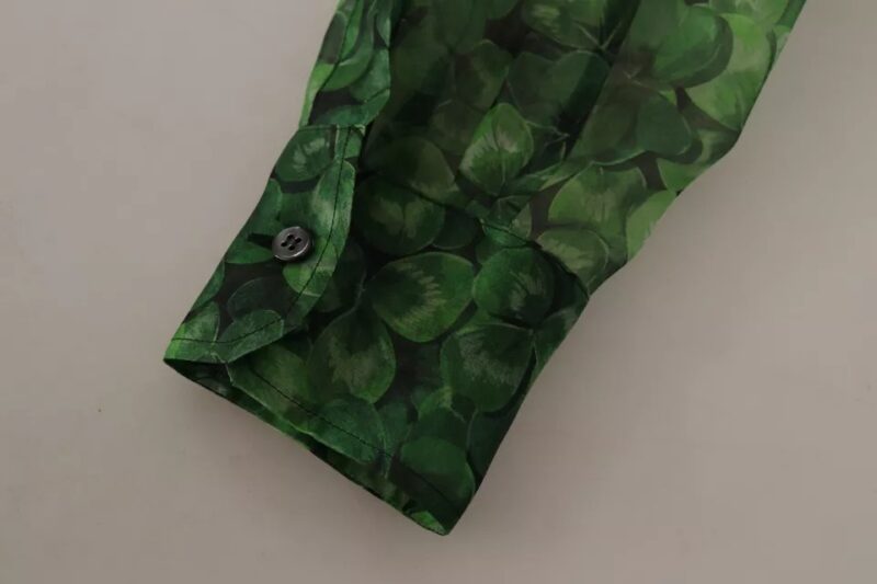 Dolce & Gabbana Green Clover Print Long Sleeves Collared Top Blouse - Image 5