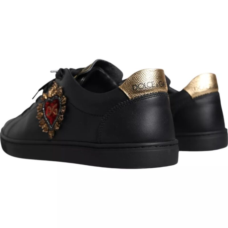 Dolce & Gabbana Black Leather Heart Low Top Sneaker Shoes - Image 3