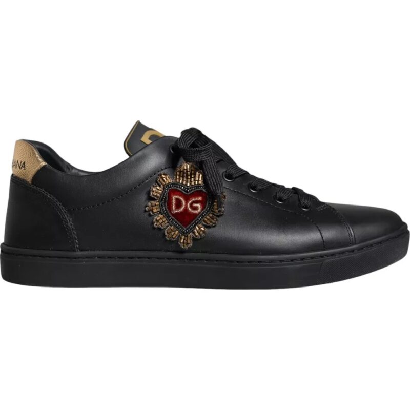 Dolce & Gabbana Black Leather Heart Low Top Sneaker Shoes - Image 4