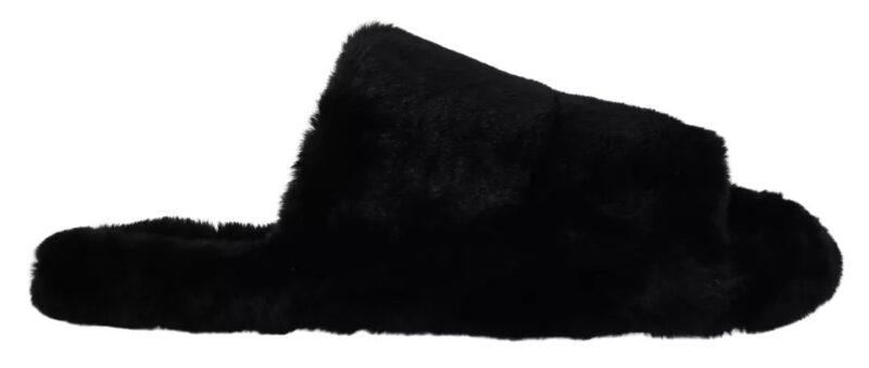 Dolce & Gabbana Black Polyester Faux Fur Mens Flats Sandals Shoes - Image 7