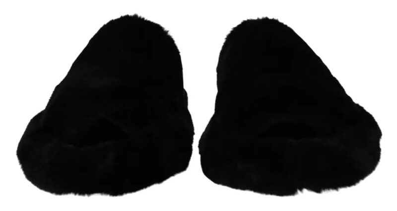 Dolce & Gabbana Black Polyester Faux Fur Mens Flats Sandals Shoes - Image 8