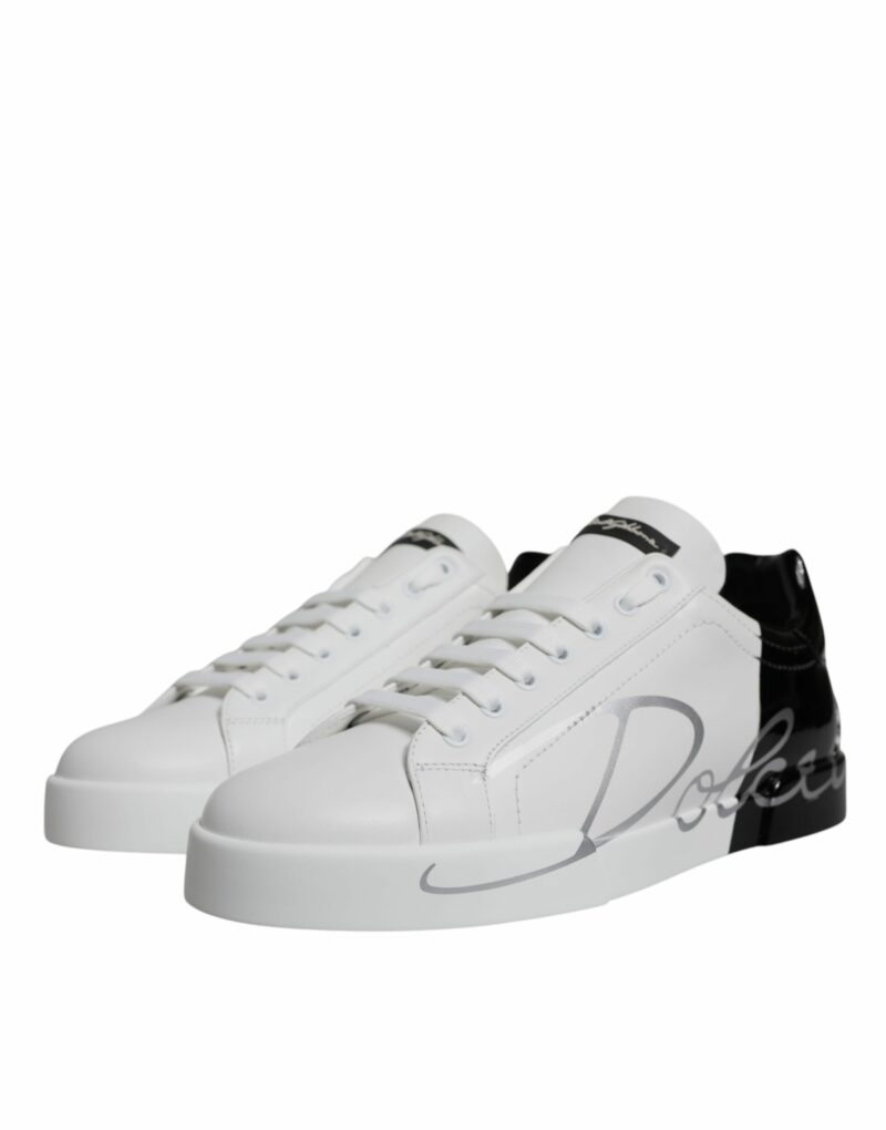 Dolce & Gabbana White Black Logo Portofino Sneaker Shoes - Image 3