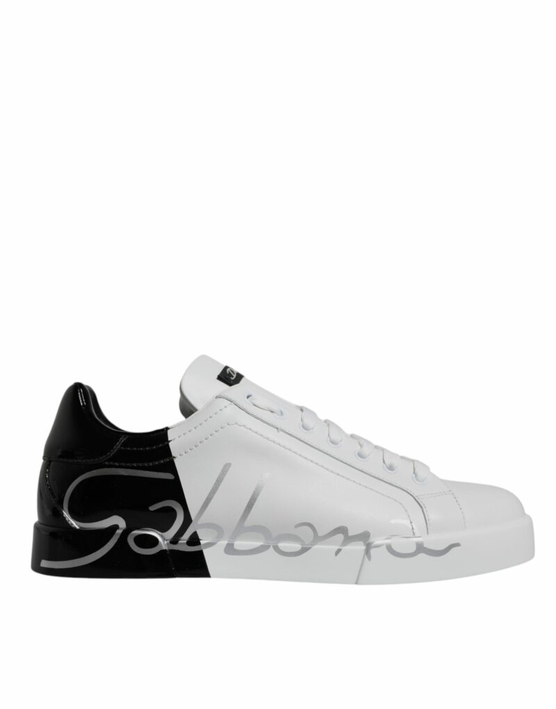 Dolce & Gabbana White Black Logo Portofino Sneaker Shoes - Image 6