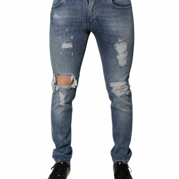 Dolce & Gabbana Blue Tattered Cotton Stretch Skinny Denim Jeans