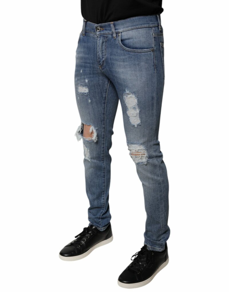 Dolce & Gabbana Blue Tattered Cotton Stretch Skinny Denim Jeans - Image 3