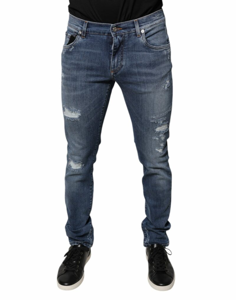 Dolce & Gabbana Blue Tattered Cotton Stretch Skinny Denim Jeans - Image 2