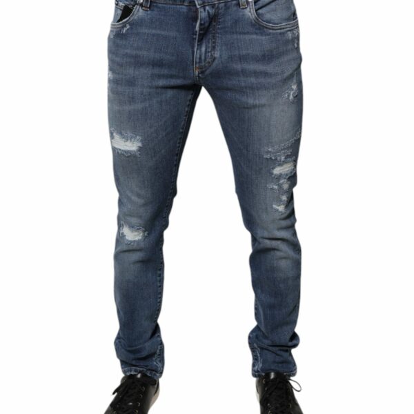 Dolce & Gabbana Blue Tattered Cotton Stretch Skinny Denim Jeans