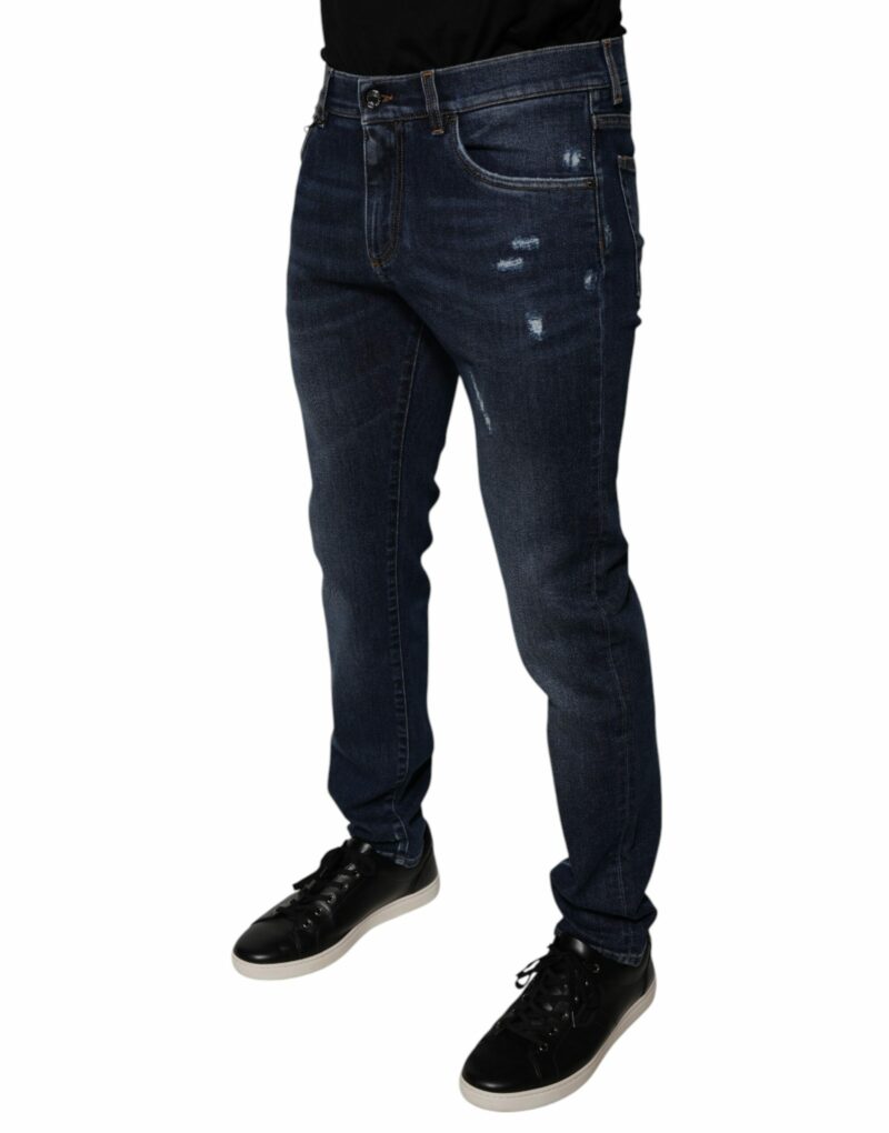 Dolce & Gabbana Dark Blue Cotton Logo Skinny Denim Jeans - Image 3