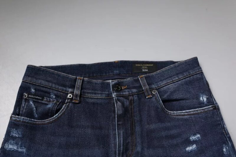 Dolce & Gabbana Dark Blue Cotton Logo Skinny Denim Jeans - Image 5