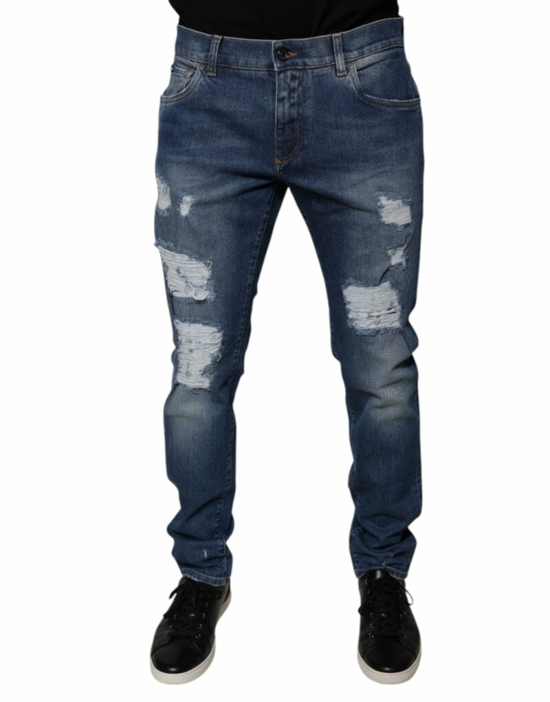 Dolce & Gabbana Blue Cotton Tattered Skinny Denim Jeans - Image 2
