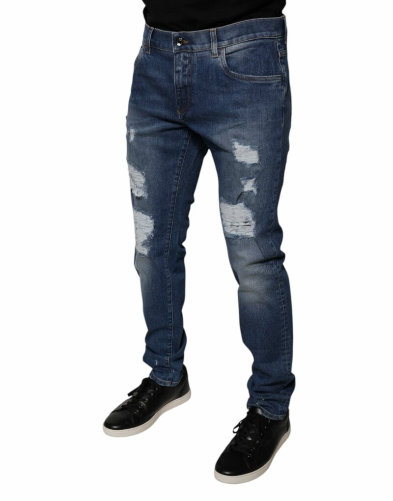 Dolce & Gabbana Blue Cotton Tattered Skinny Denim Jeans - Image 3