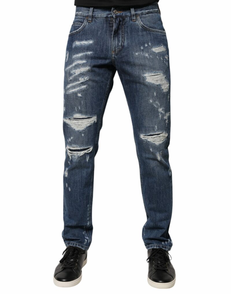 Dolce & Gabbana Blue Cotton Tattered Skinny Denim Jeans - Image 2