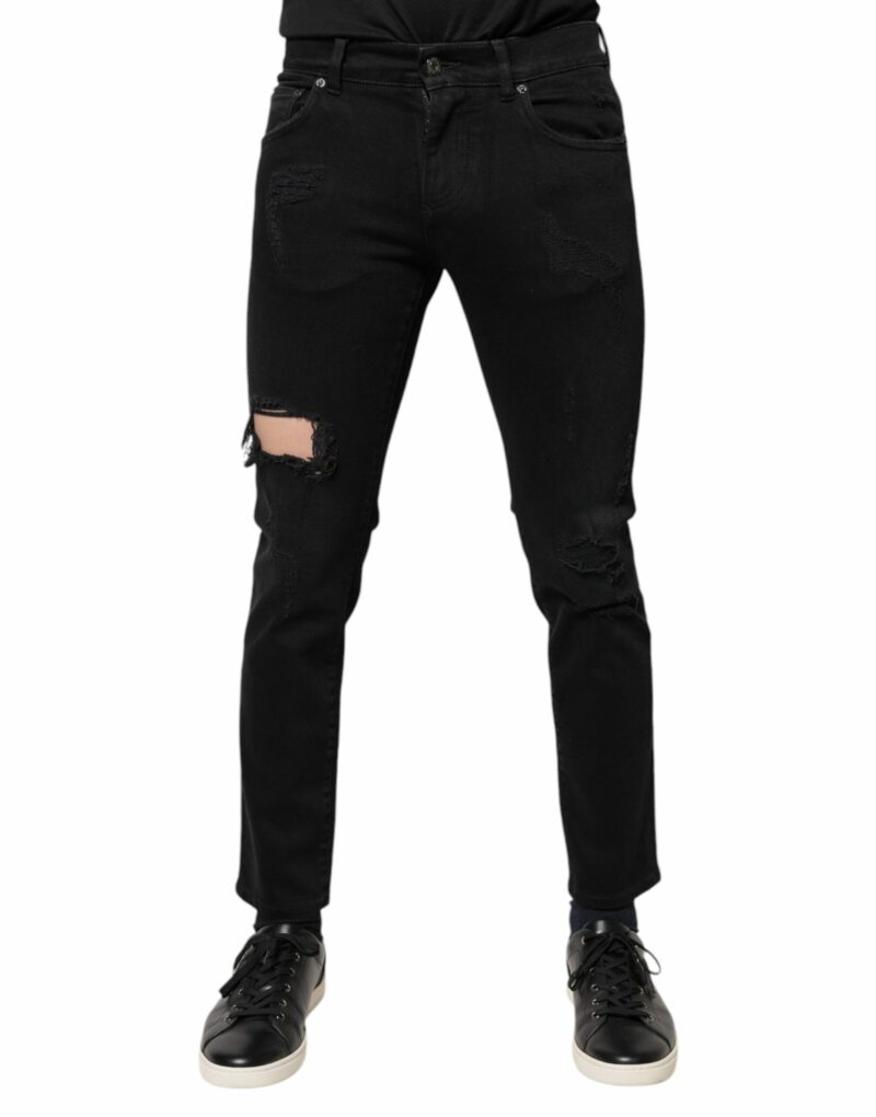 Dolce & Gabbana Black Cotton Tattered Skinny Denim Logo Jeans - Image 2