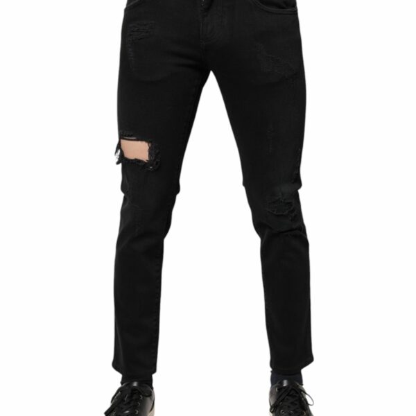 Dolce & Gabbana Black Cotton Tattered Skinny Denim Logo Jeans