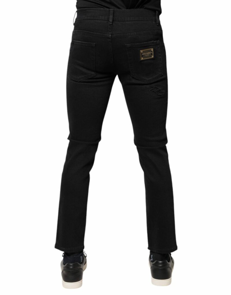 Dolce & Gabbana Black Cotton Tattered Skinny Denim Logo Jeans - Image 4