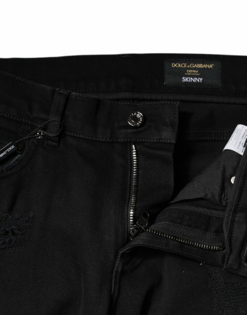 Dolce & Gabbana Black Cotton Tattered Skinny Denim Logo Jeans - Image 5