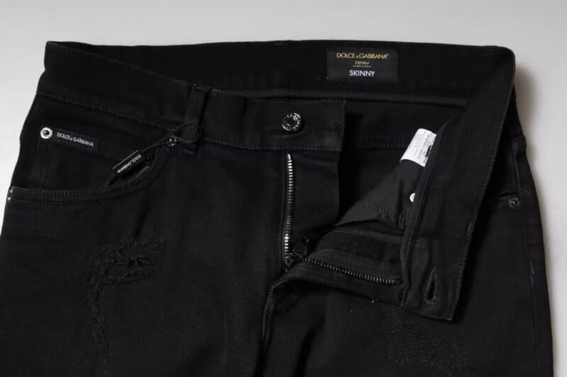 Dolce & Gabbana Black Cotton Tattered Skinny Denim Logo Jeans - Image 6