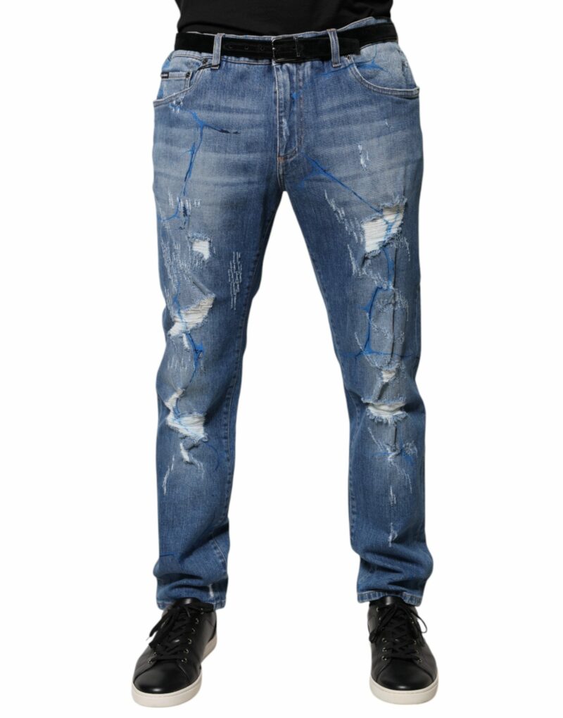 Dolce & Gabbana Blue Cotton Stretch Tattered Skinny Denim Jeans - Image 2