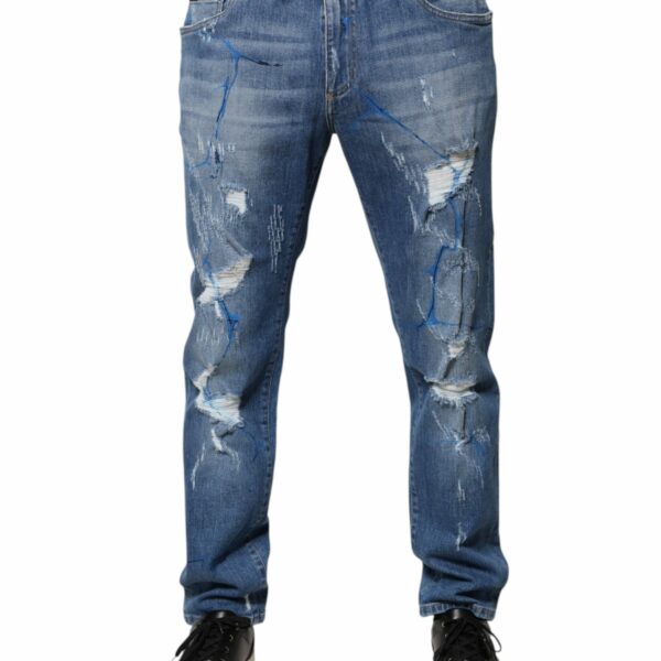 Dolce & Gabbana Blue Cotton Stretch Tattered Skinny Denim Jeans