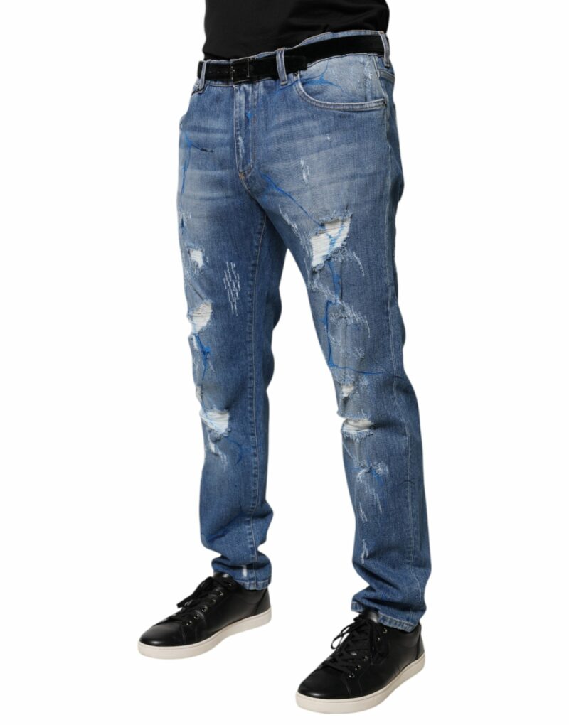 Dolce & Gabbana Blue Cotton Stretch Tattered Skinny Denim Jeans - Image 3