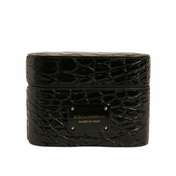 Dolce & Gabbana Black Leather Metal Logo Plaque Holder Airpods Case