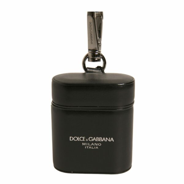 Dolce & Gabbana Black Leather Logo Silver Metal Strap Airpods Case